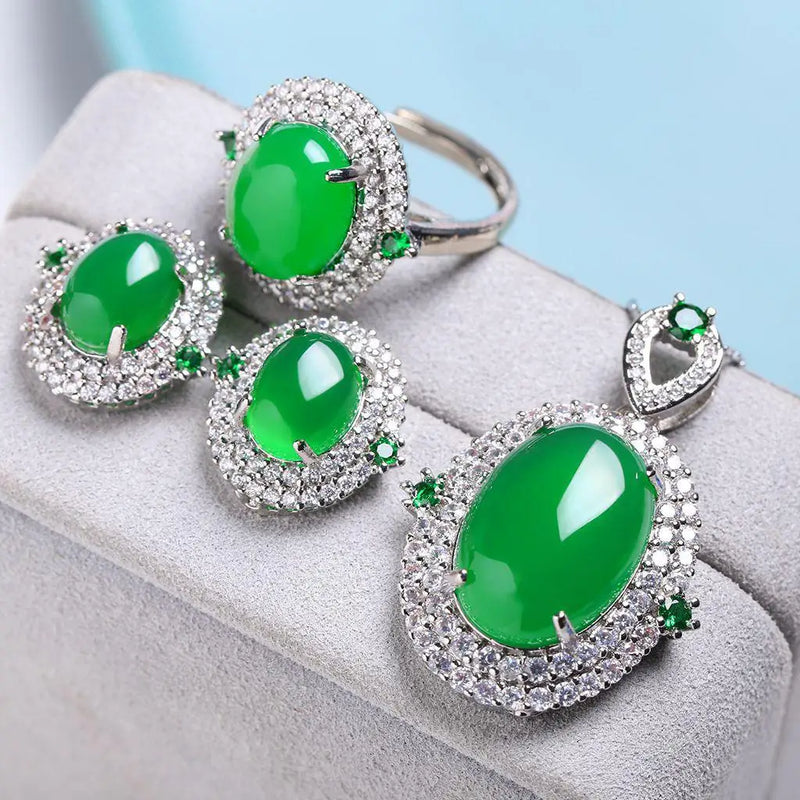 Green Jade Jewelry Set Chrysoprase Pendant Zircon Earrings Rings