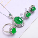 Green Jade Jewelry Set Chrysoprase Pendant Zircon Earrings Rings