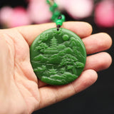 Green Jade Landscape Pendant Necklace - Chinese Hand-Carved Jewelry