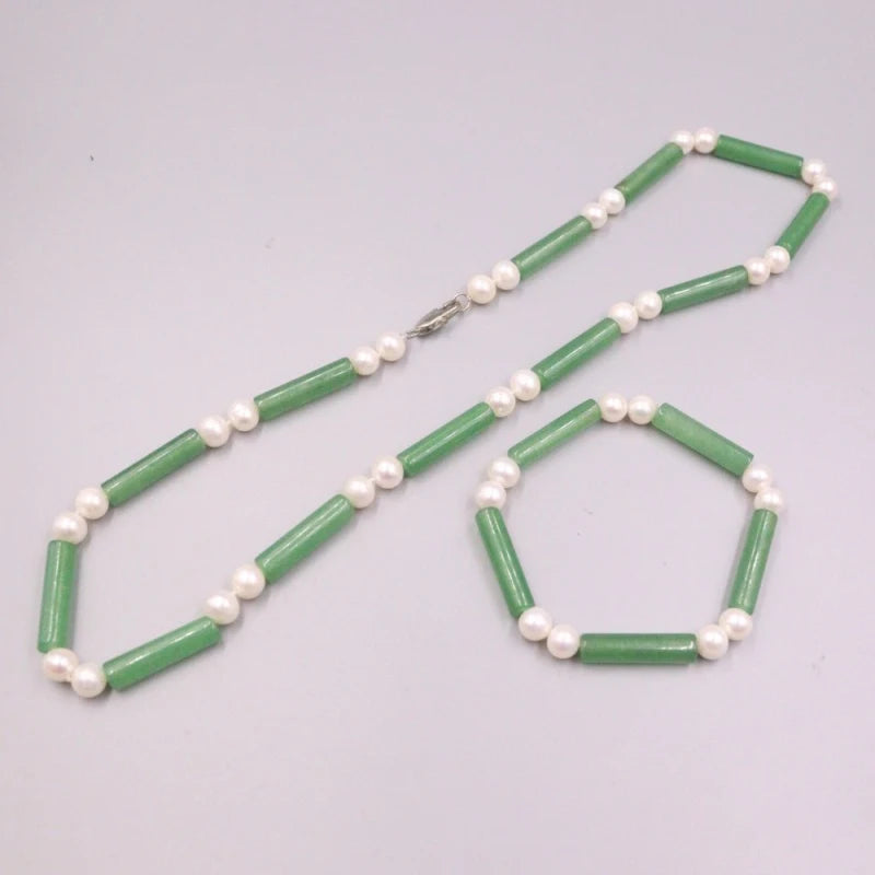 Green Jade Long Column Pearl Beads Chain Necklace Bracelet Set