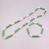 Green Jade Long Column Pearl Beads Chain Necklace Bracelet Set