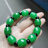 Green Jade Luck Bead Bracelet Adjustable Bangle Hand-Carved Woman
