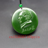 Green Jade Mao Zedong Pendant Necklace Chinese Carved Charm