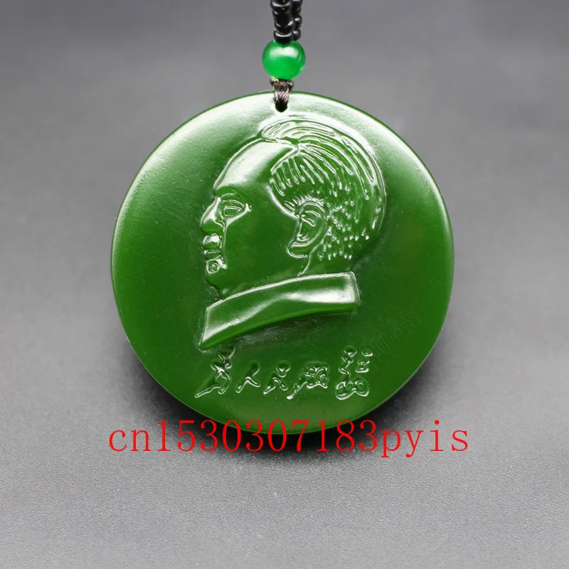 Green Jade Mao Zedong Pendant Necklace Chinese Carved Charm
