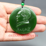 Green Jade Mao Zedong Pendant Necklace Chinese Carved Charm