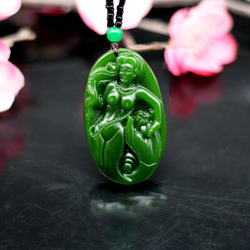 Hand-Carved Green Jade Mermaid Pendant Necklace for Men Women