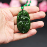 Hand-Carved Green Jade Mermaid Pendant Necklace for Men Women