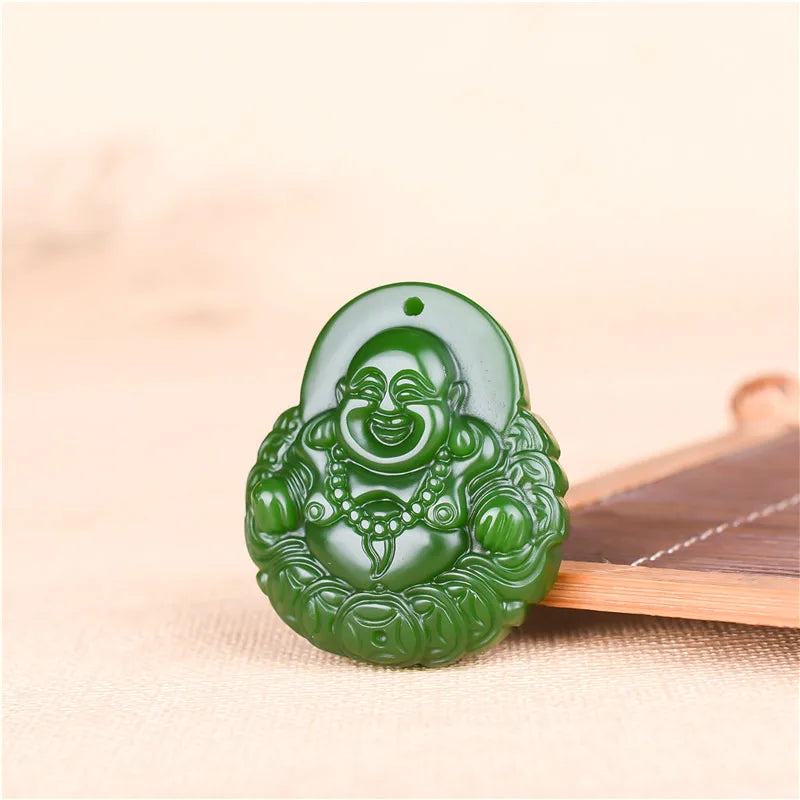 Green Jade Money Buddha Pendant Necklace Chinese Carved Charm