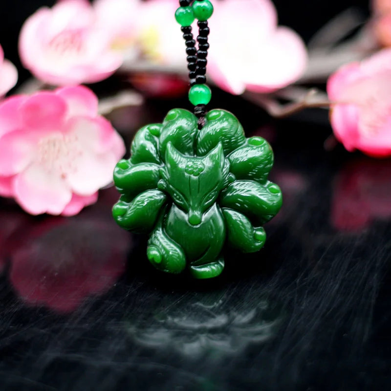 Green Jade Nine Tailed Fox Pendant Necklace Chinese Charm Jewelry