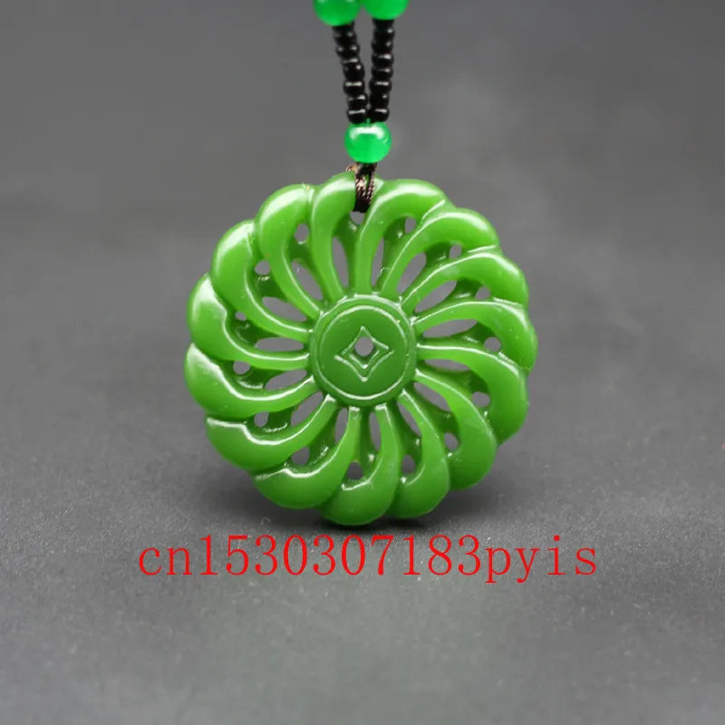 Green Jade Pendant Necklace Chinese Hollow Out Carved Charm Amulet