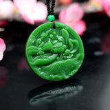 Natural Green Jade Peony Flower Pendant Necklace Hand-Carved Charm Amulet