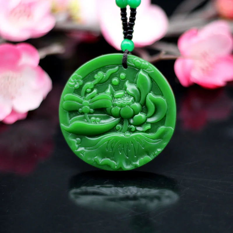 Natural Green Jade Peony Flower Pendant Necklace Hand-Carved Charm Amulet