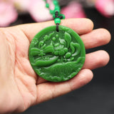 Natural Green Jade Peony Flower Pendant Necklace Hand-Carved Charm Amulet