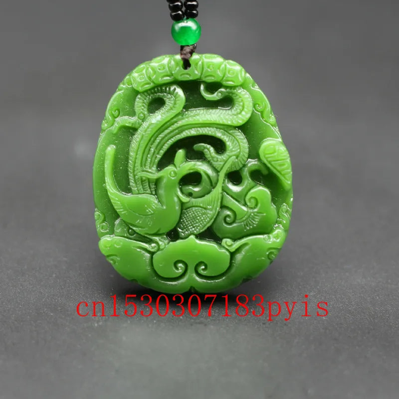 Green Jade Phoenix Pendant Necklace - Hand-Carved Charm Amulet for Men Women