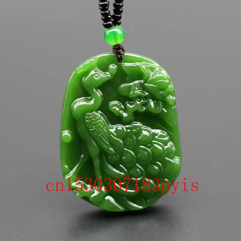Green Jade Phoenix Pendant Necklace Chinese Hand-Carved Charm Jadeite Amulet