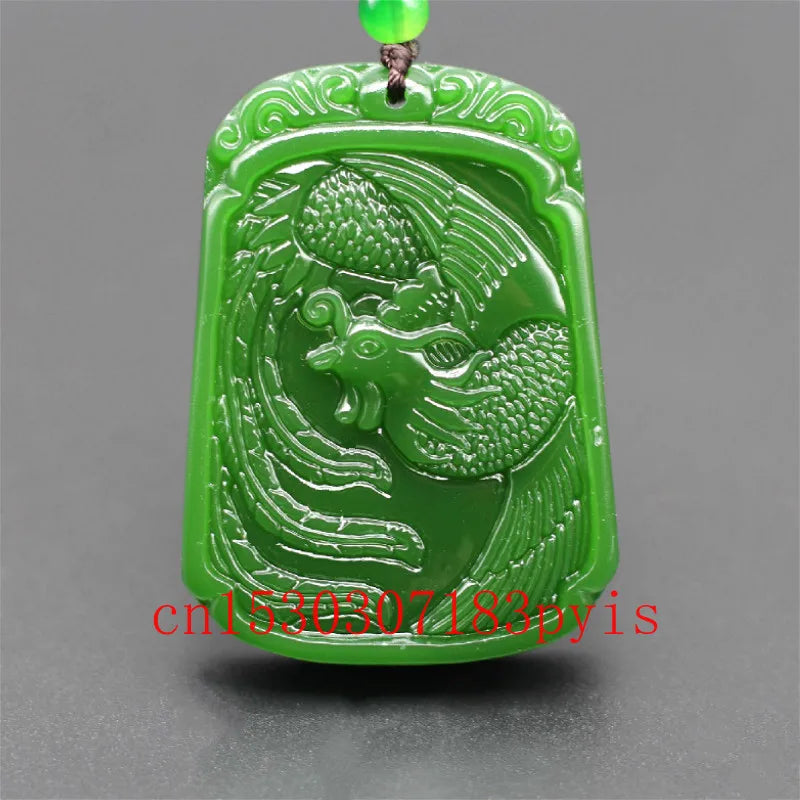 Green Jade Phoenix Pendant Necklace Chinese Hand-Carved Charm Jadeite Lucky