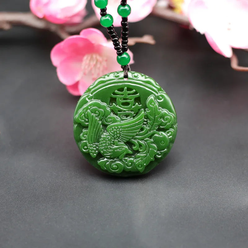 Natural Green Jade Phoenix Pendant Necklace Chinese Hand-Carved Charm Jewelry