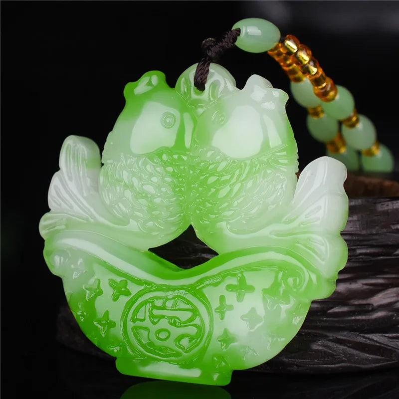 Green Jade Pisces Pendant Necklace Charm Hand-Carved Luck Amulet