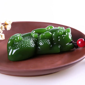 Green Jade Pixiu Tiger Pendant Necklace Chinese Hand-Carved Charm Jewelry
