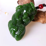 Hand-Carved Green Jade Pixiu Tiger Pendant Necklace Charm Jadeite Amulet