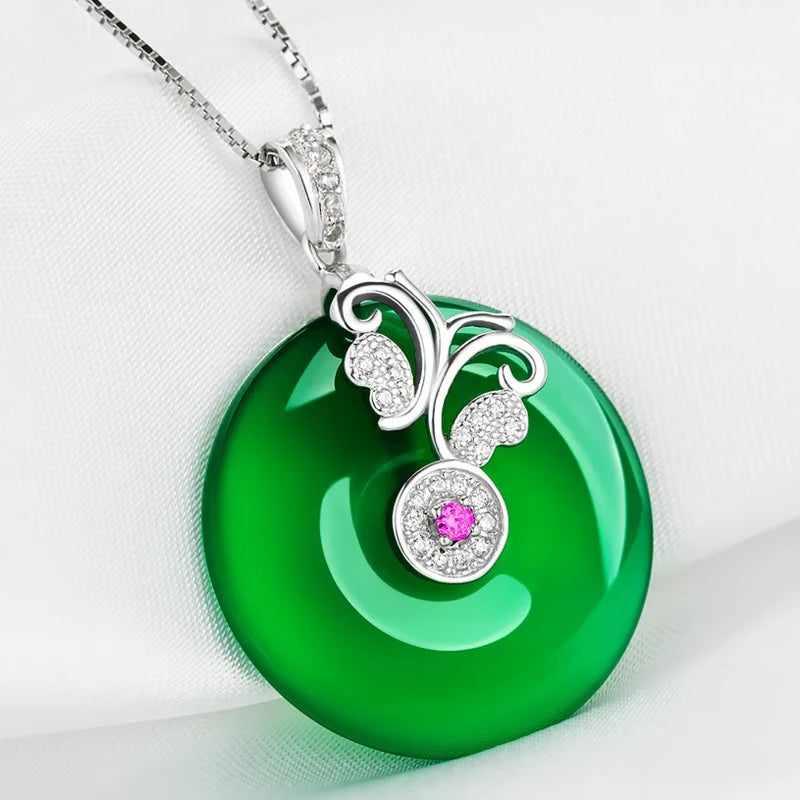 Green Jade Safety Buckle Pendant 925 Silver Butterfly Necklace