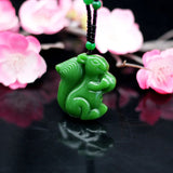 Green Jade Squirrel Pendant Necklace Jadeite Chinese Jewelry Hand-Carved Charm