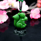 Green Jade Squirrel Pendant Necklace Jadeite Chinese Jewelry Hand-Carved Charm