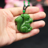 Green Jade Squirrel Pendant Necklace Jadeite Chinese Jewelry Hand-Carved Charm