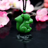 Green Jade Squirrel Pendant Necklace Jadeite Chinese Jewelry Hand-Carved Charm