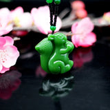 Green Jade Squirrel Pendant Necklace Jadeite Chinese Jewelry Hand-Carved Charm