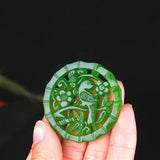 Green Jade Stone Flower Bird Pendant Necklace Chinese Carved Charm Jadeite