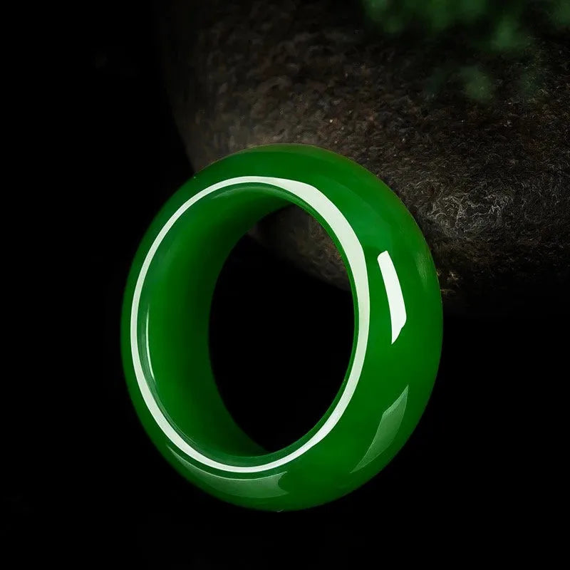 Green Jade Stone Ring Hand-Carved Chinese Jadeite Charm Amulet