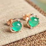 Green Jade Stud Earrings 925 Silver Jadeite Chalcedony Amulet Charm