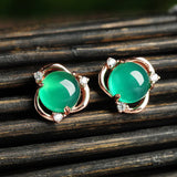 Green Jade Stud Earrings 925 Silver Jadeite Chalcedony Amulet Charm