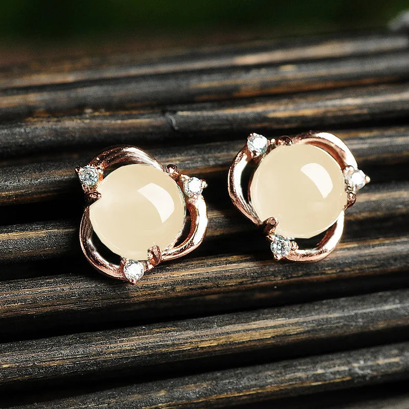 Green Jade Stud Earrings 925 Silver Jadeite Chalcedony Amulet Charm