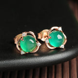 Green Jade Stud Earrings 925 Silver Jadeite Chalcedony Amulet Charm