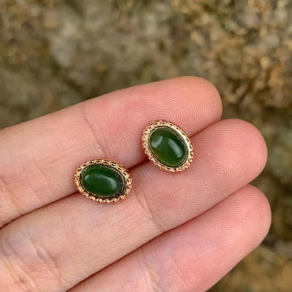 Green Jade Stud Earrings Ice cream 925 Sterling Silver Vintage Jewelry