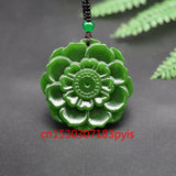 Hand-Carved Green Jade Sunflower Pendant Necklace for Men Women