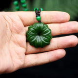Green Jade Sunflower Pendant Necklace Chinese Carved Charm Jewelry