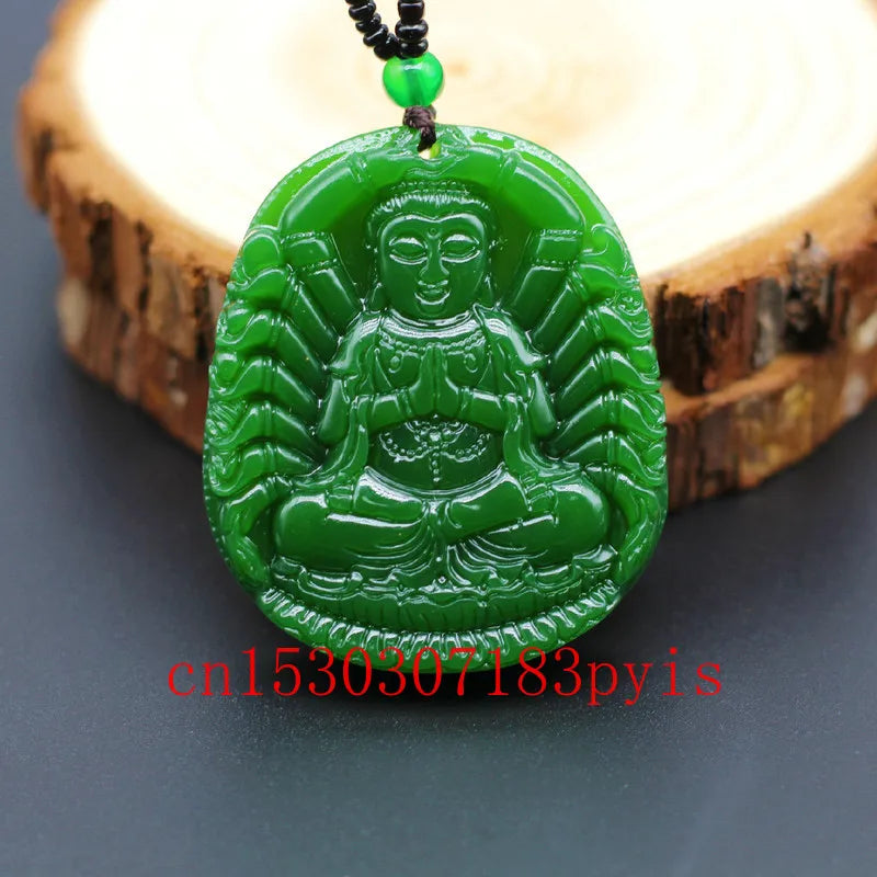 Green Jade Guanyin Bodhisattva Pendant Necklace Buddha Charm Jewelry