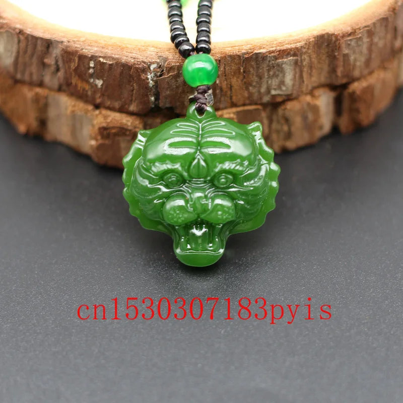 Green Jade Tiger Head Pendant Necklace Carved Charm Jadeite Amulet