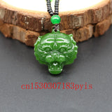 Green Jade Tiger Head Pendant Necklace Carved Charm Jadeite Amulet