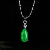 Green Jade Water Drop Pendant 925 Silver Necklace Chinese Charm Jewelry