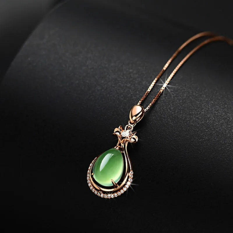 Green Jade Water Drop Pendant 925 Silver Necklace Jadeite Chalcedony Amulet