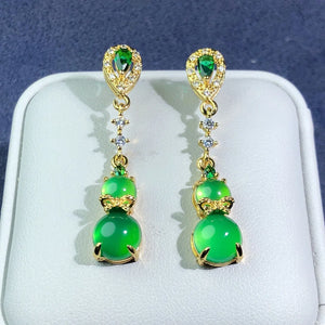 Green Jade Zircon Emerald Gourd Drop Dangle Earring for Women