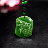 Green Jade Wolf Head Pendant Necklace Chinese Hand-Carved Amulet