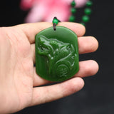 Green Jade Wolf Head Pendant Necklace Chinese Hand-Carved Amulet
