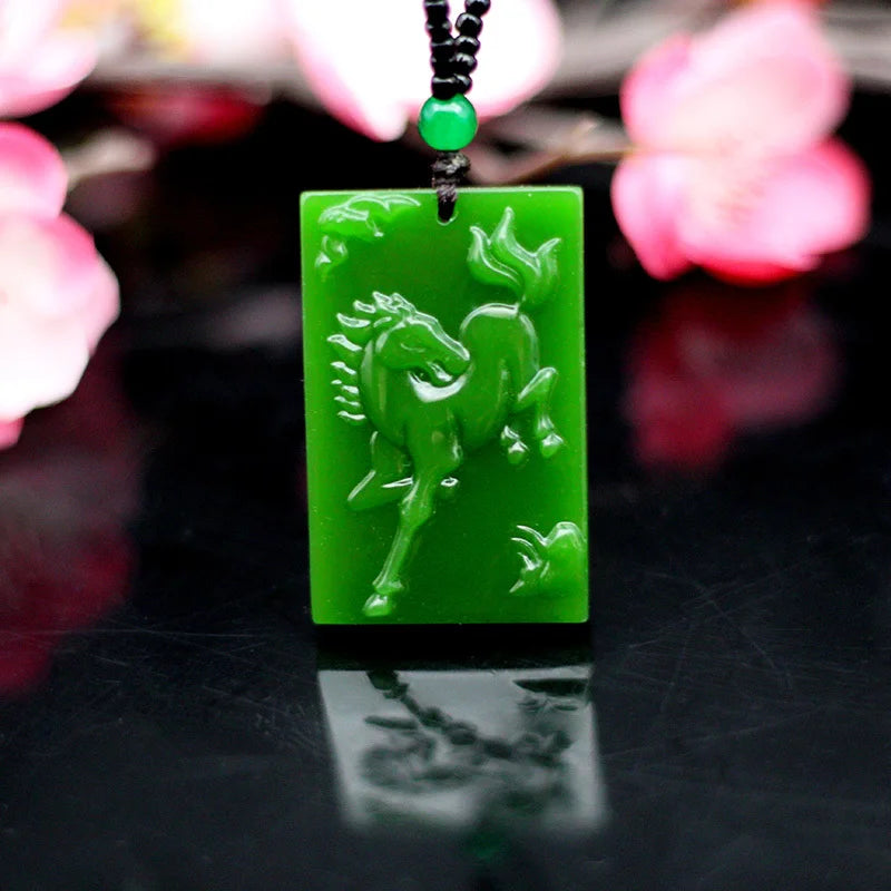 Green Jade Zodiac Horse Pendant Necklace Jadeite Jewelry