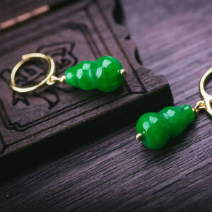 Green Jadeite Jade Earring Gourd Pendant - FOOL'S Lucky Hook