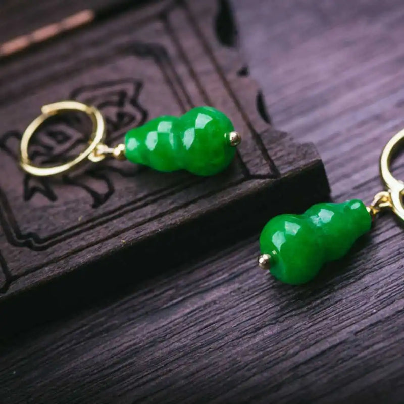 Green Jadeite Jade Earring Gourd Pendant - FOOL'S Lucky Hook